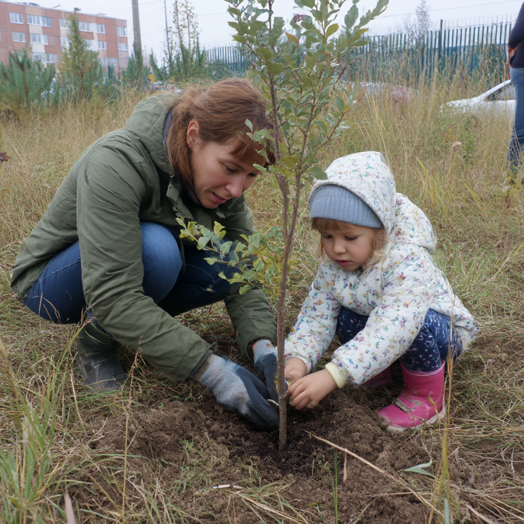 Mother and child planting a tree
